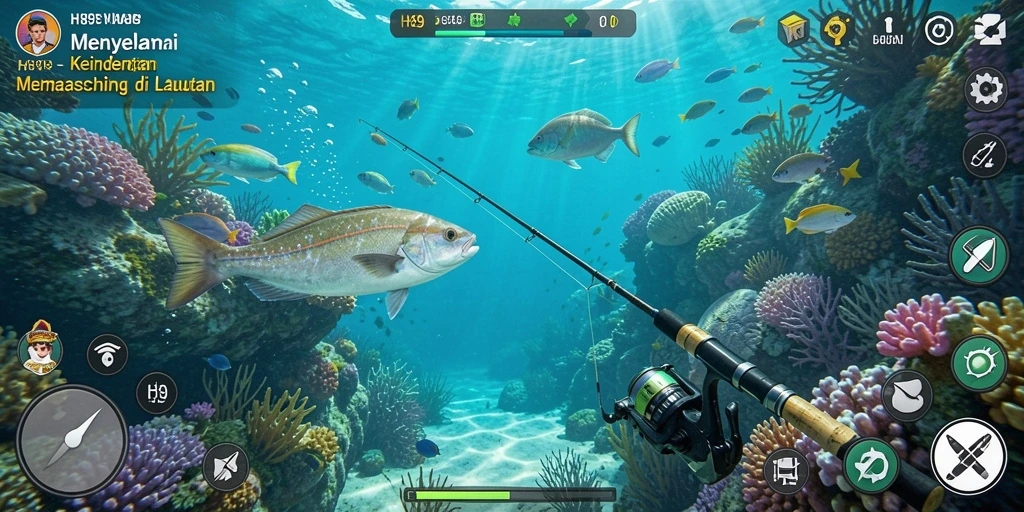 Tampilan gameplay H89 dengan pemandangan memikat saat memancing.