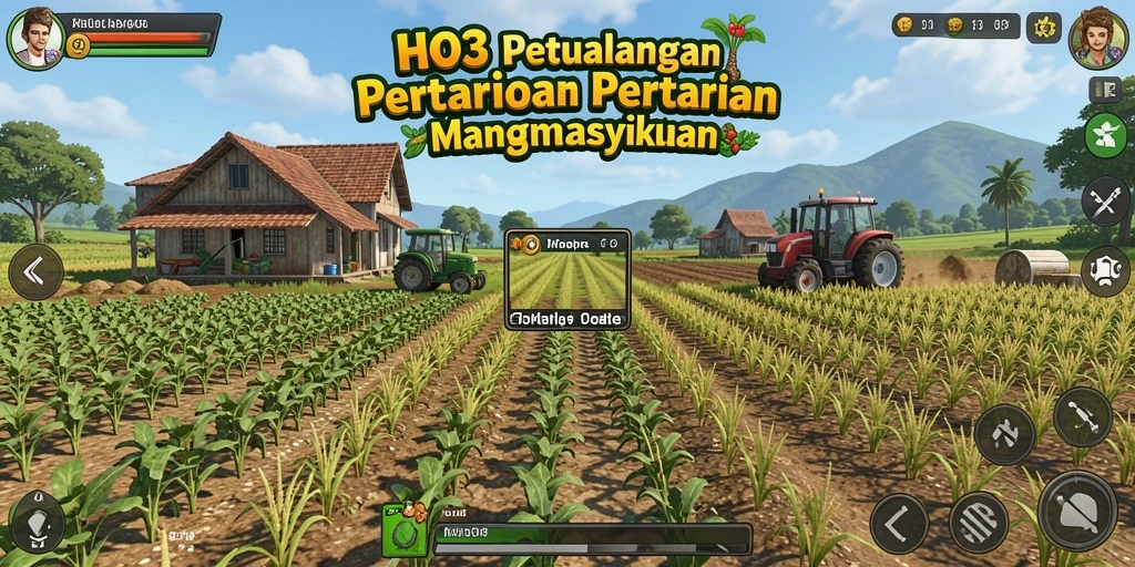 Screenshot HO3 menampilkan gameplay seru dengan lahan pertanian yang subur.