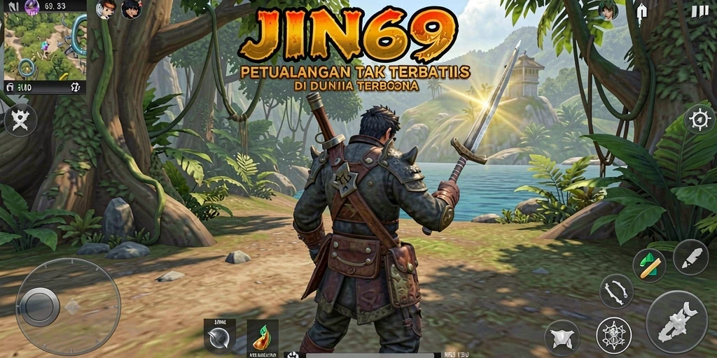 Screenshot utama JIN69 menampilkan aksi eksploratif di dunia terbuka.