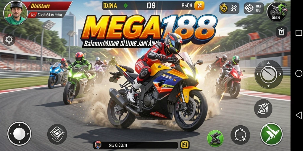 Tampilan gameplay <strong>MEGA188</strong> saat balapan motor yang seru dan mendebarkan.
