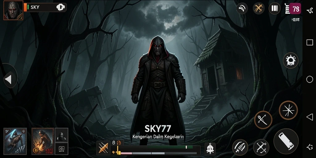 Tampilan gameplay <strong>SKY77</strong> dengan kegelapan yang menakutkan dan musuh menyeramkan.